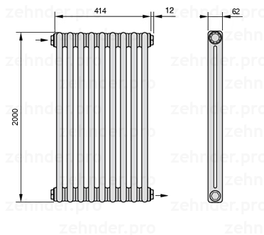 Схема (чертеж) Радиатор Zehnder Charleston 2200/9 №1670 Белый глянцевый RAL 9016